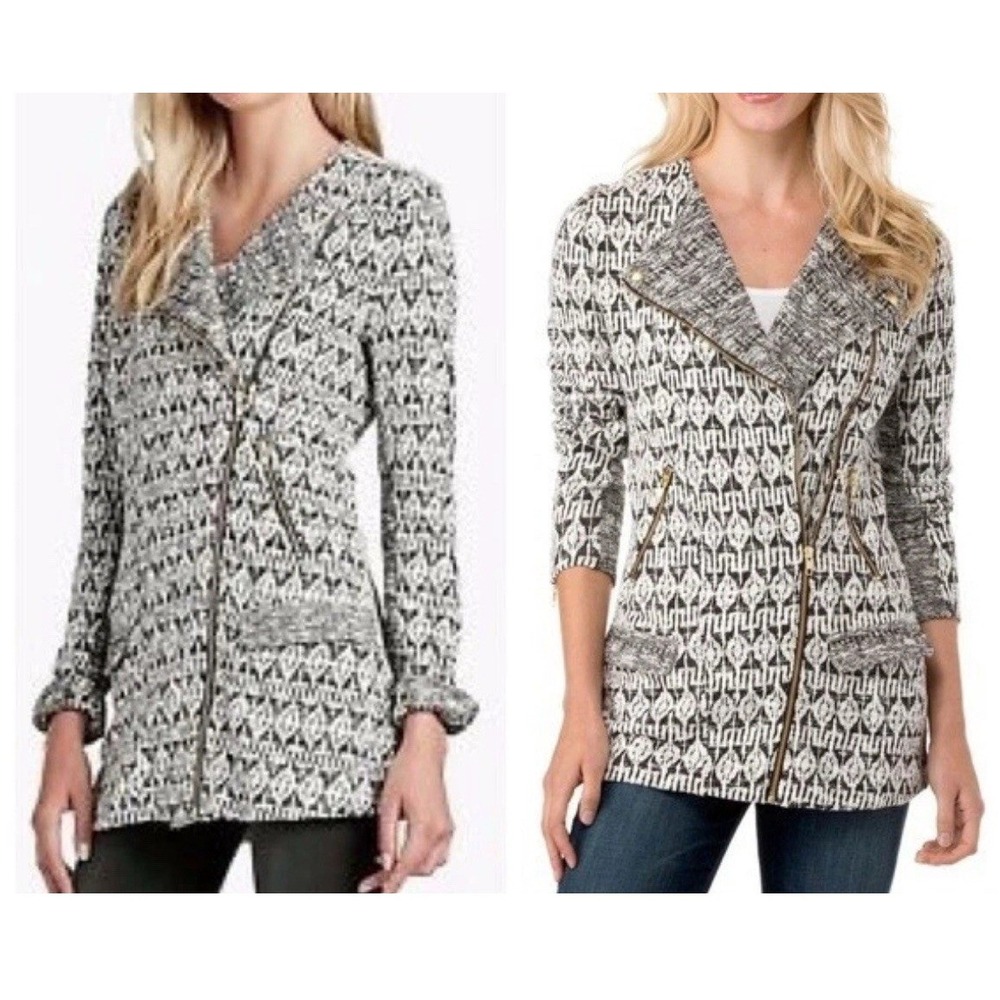 Lucky Brand Marnie Black Cream Moto Jacket M Tribal Modern Boho Artsy Urban Chic